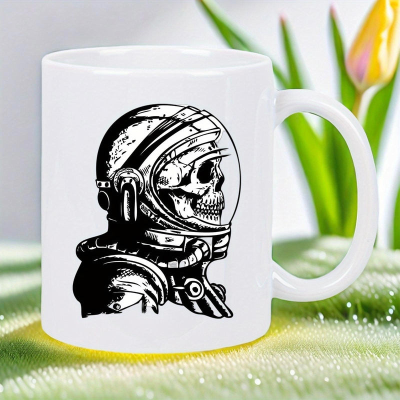 Tailorly White Ceramic 11 oz Mug - Detailed Black And White Skeleton Skull In Space Helmet Astronaut