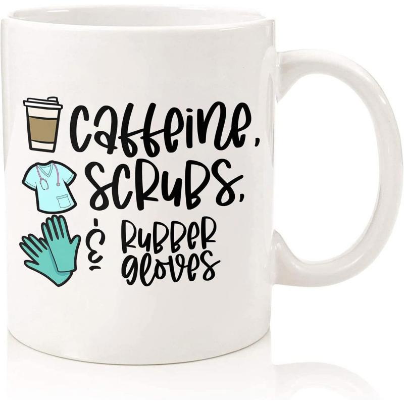 Tailorly White Ceramic 11 oz Mug - Caffeine Scrubs Rubber Gloves Medical Professionals Essential Items Including Coffee And Protective Gear Mug