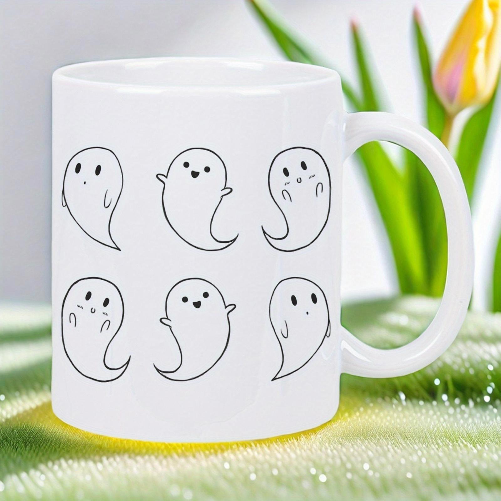 Tailorly White Ceramic 11 oz Mug - Minimalist Hand Drawn Ghosts With Cute Facial Expressions Arranged In Grid Ghost