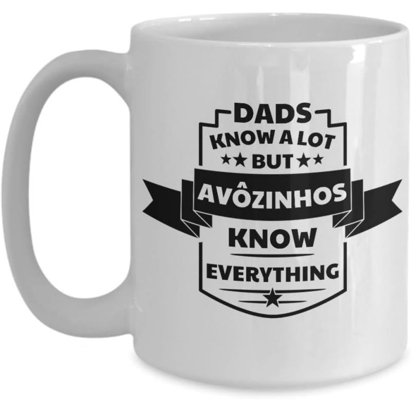 Tailorly White Ceramic 11 oz Mug - Dads Know A Lot But Know Everything Classic Vintage Decorative Shield Graphic Featuring Bold Stars And Ribbon Badge