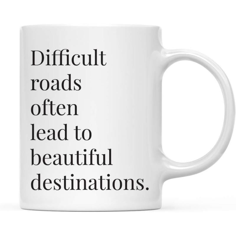 Tailorly White Ceramic 11 oz Mug - Difficult Roads Often Lead To Beautiful Destinations Sleek Pure White Porcelain Surface With Vertical Quote Layout Design Mug