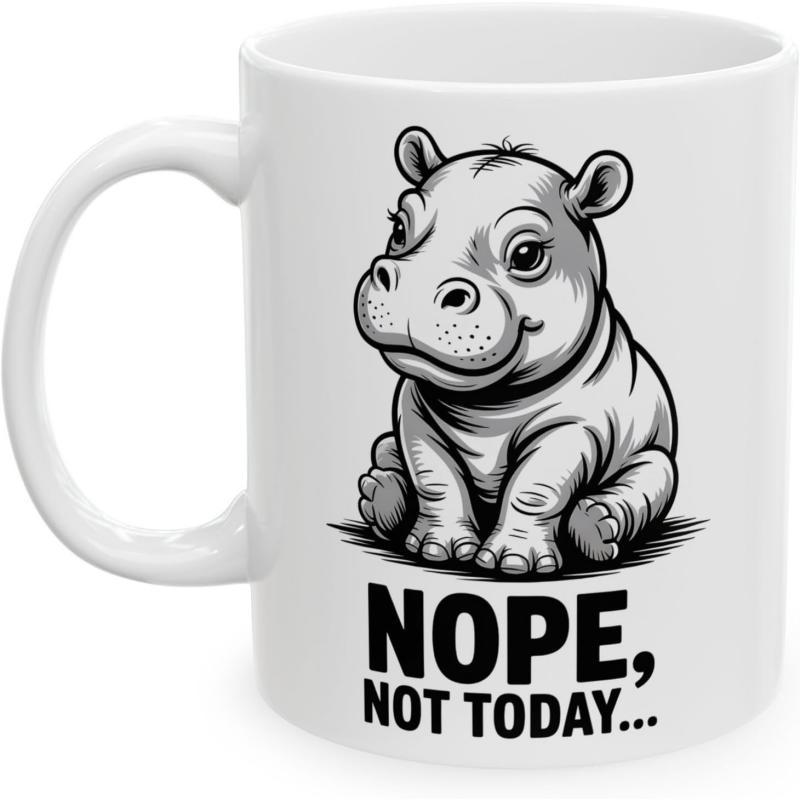 Tailorly White Ceramic 11 oz Mug - Nope Not Today Adorable Sitting Grayscale Baby Hippo With A Friendly Smile Hippo