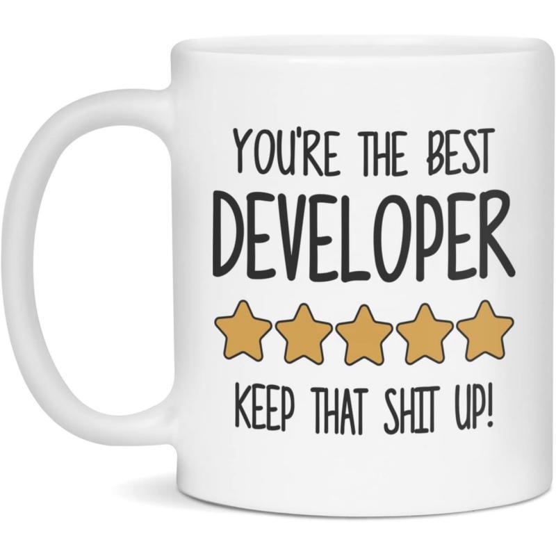 Tailorly White Ceramic 11 oz Mug - Youre The Best Developer Keep That Shit Up Five Golden Stars Arranged Neatly Across A Plain White Surface Mug