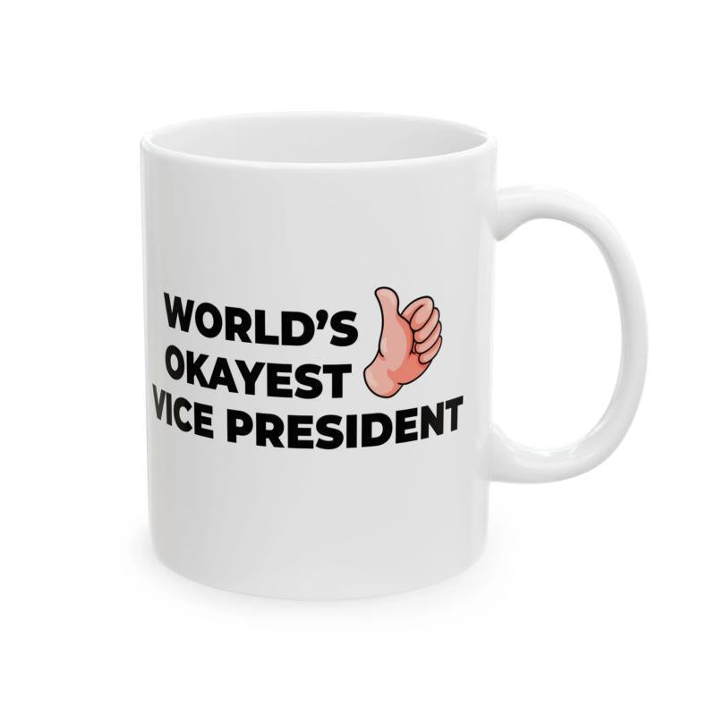 Tailorly White Ceramic 11 oz Mug - Worlds Okayest Vice President Minimalist Cartoon Thumbs Up Gesture Illustration With White Ceramic Background Hand