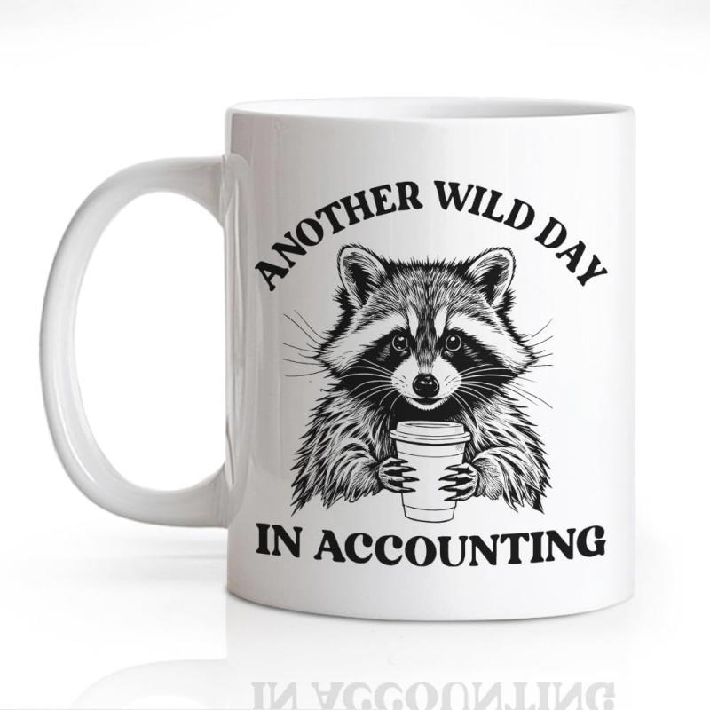 Tailorly White Ceramic 11 oz Mug - Another Wild Day In Accounting Detailed Monochrome Illustration Holding Coffee Cup Raccoon