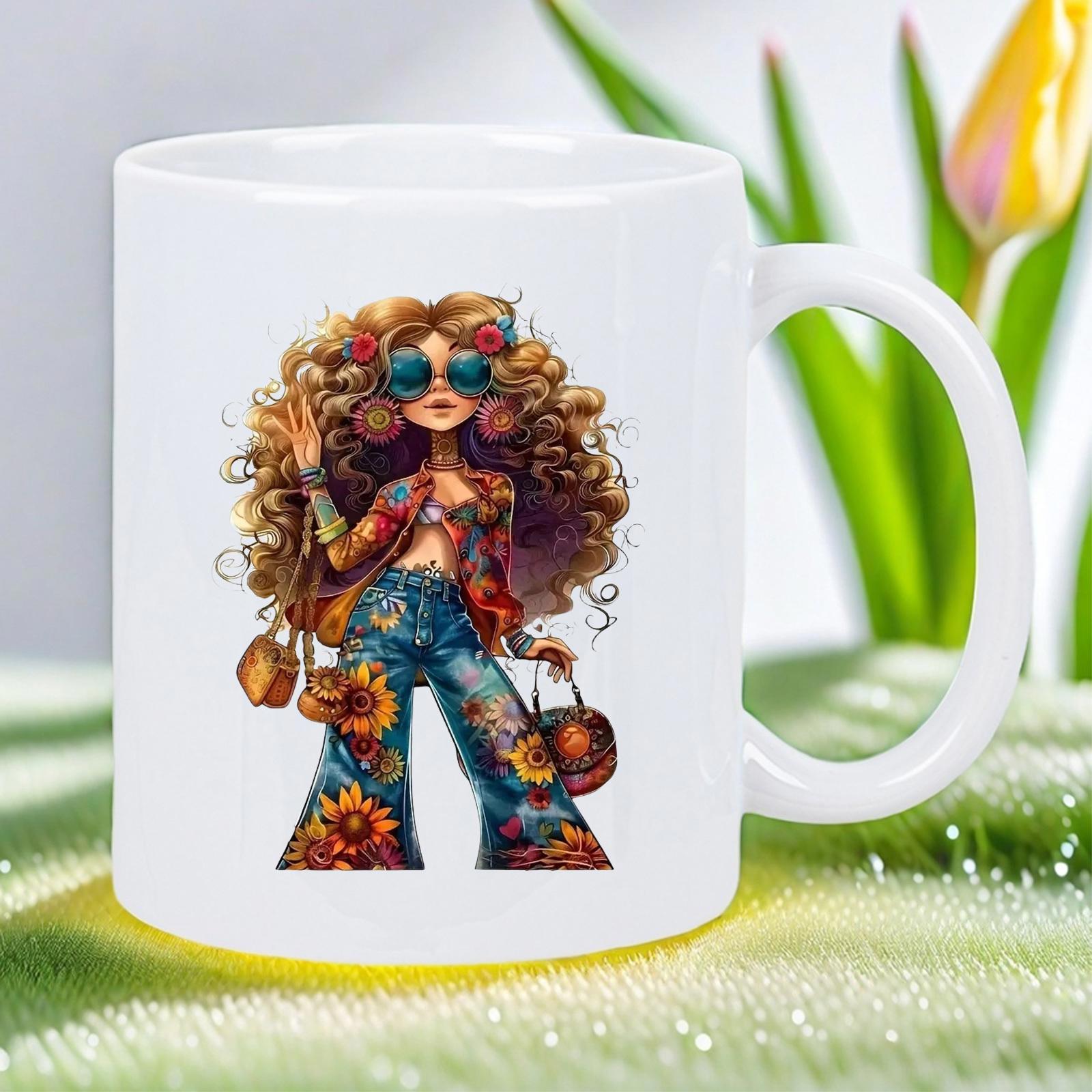 Tailorly White Ceramic 11 oz Mug - Fashionable Hippie Woman Wearing Sunflower Jeans And Retro Round Sunglasses Woman