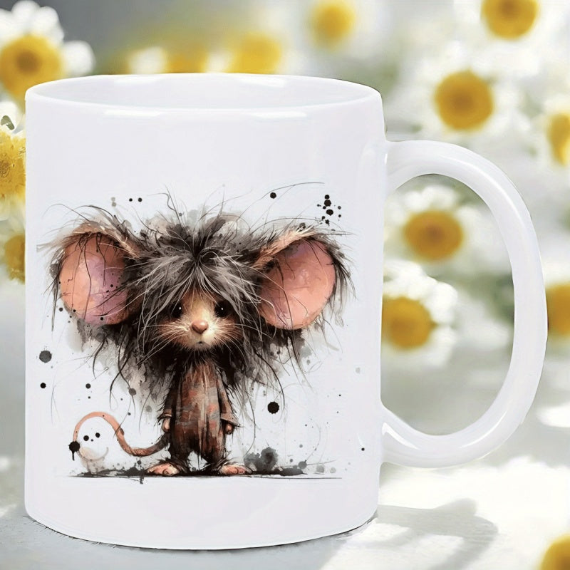Tailorly White Ceramic 11 oz Mug - Adorable Messy Furry Little Creature With Oversized Ears Standing On Plain Surface Mouse