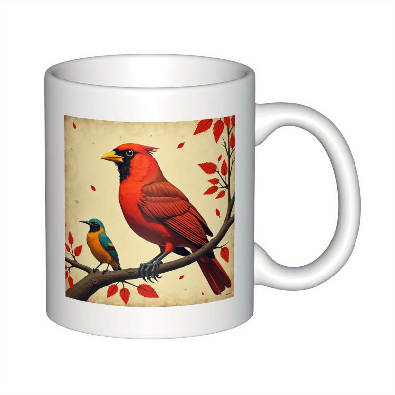 Tailorly White Ceramic 11 oz Mug - Vibrant Red Songbirds Perched On Elegant Tree Branch With Autumn Leaves Cardinal