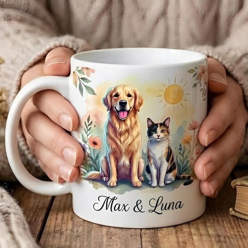 Tailorly White Ceramic 11 oz Mug - Max Luna Golden Retriever And Calico Cat Sitting In Sunny Flower Garden Pets