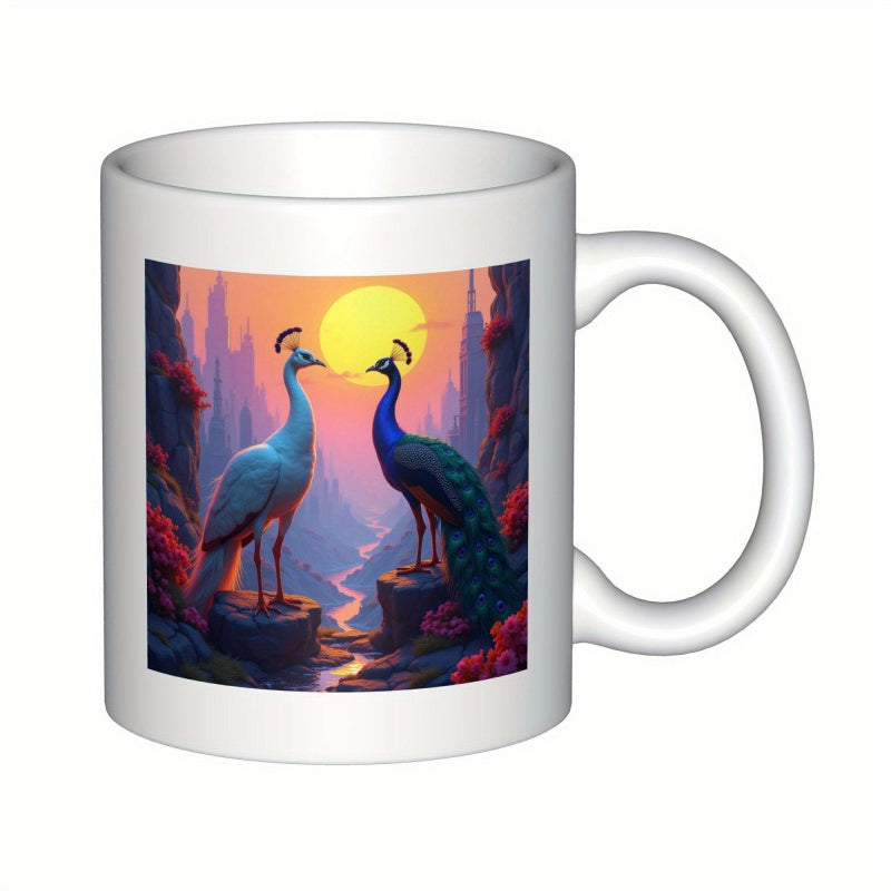 Tailorly White Ceramic 11 oz Mug - Vibrant Pair Standing On Rocks Before A Golden Sunset River Valley Peacock