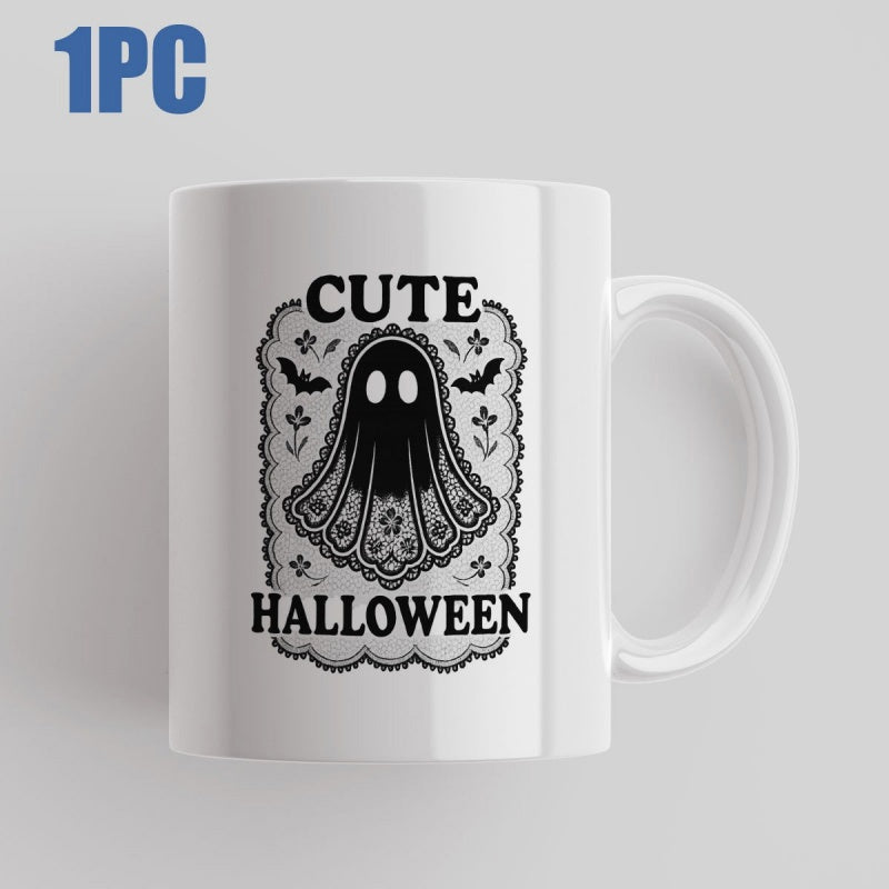 Tailorly White Ceramic 11 oz Mug - Cute Halloween Spooky Figure Wearing Lace Patterned Sheet Surrounded By Bats And Flowers Ghost