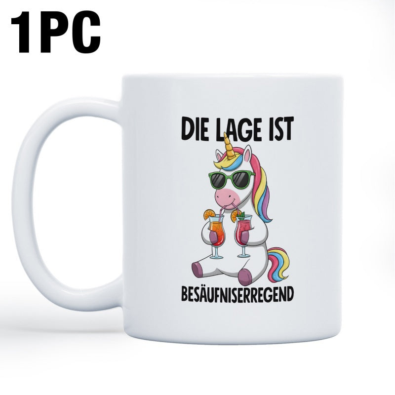 Tailorly White Ceramic 11 oz Mug - Colorful Mythical Creature Wearing Shades While Enjoying Two Fruity Cocktails Unicorn