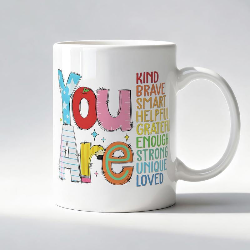 Tailorly White Ceramic 11 oz Mug - You Are Kind Brave Smart Helpful Grateful Enough Strong Unique Loved Colorful Decorative Artistic Lettering With Motivational
