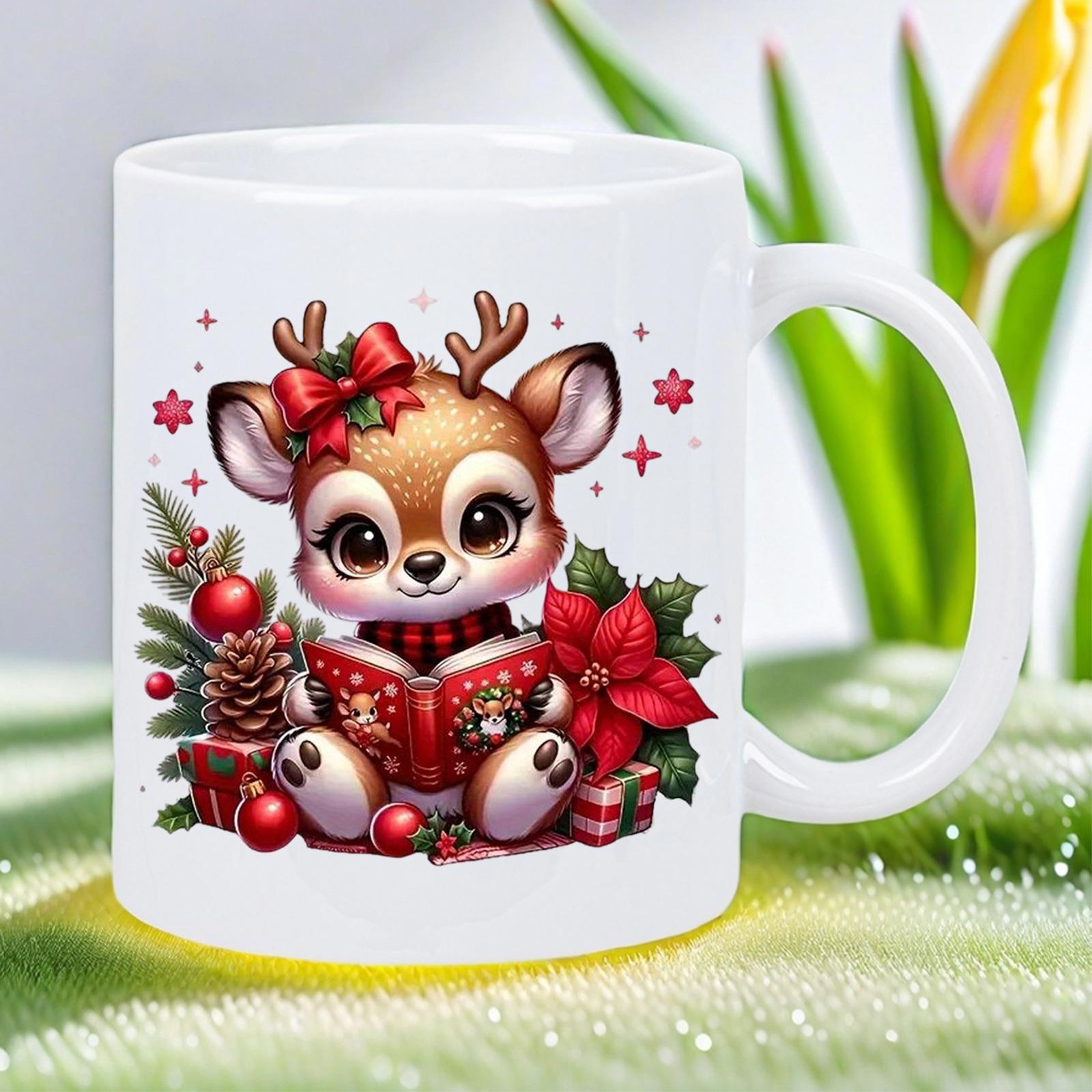 Tailorly White Ceramic 11 oz Mug - Adorable Holiday Fawn Wearing Red Bow Reading Book Among Christmas Poinsettias Reindeer