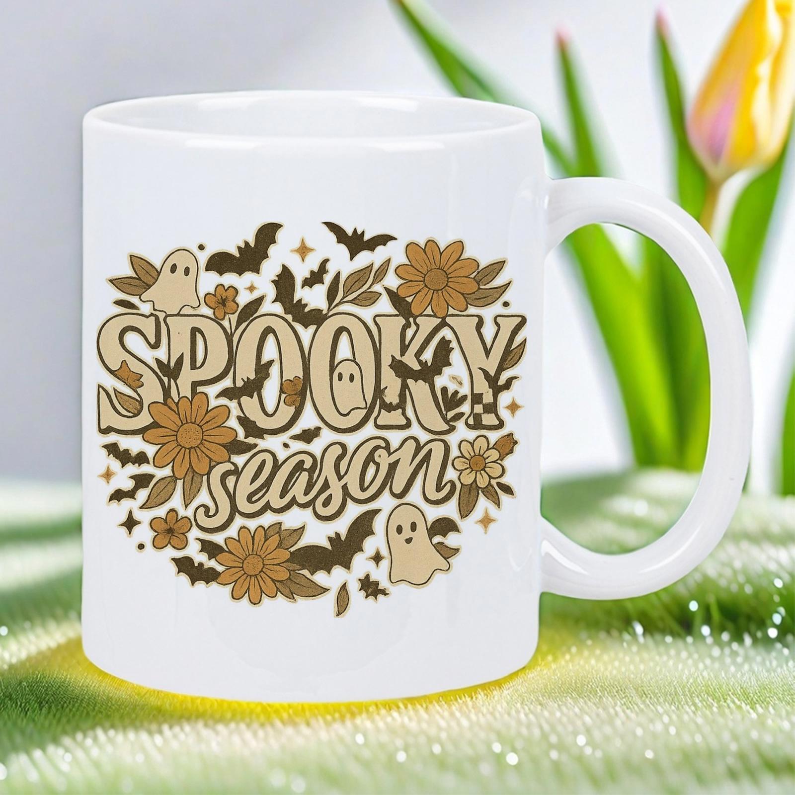 Tailorly White Ceramic 11 oz Mug - Spooky Season Retro Floral Halloween Pattern With Small Bats And Friendly Floating Ghost