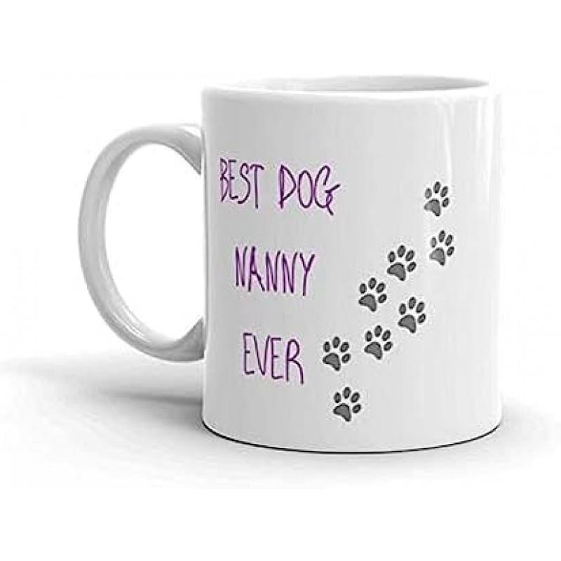 Tailorly White Ceramic 11 oz Mug - Best Dog Nanny Ever Artistic Purple Lettering With Small Grey Paw Prints Trailing Dog