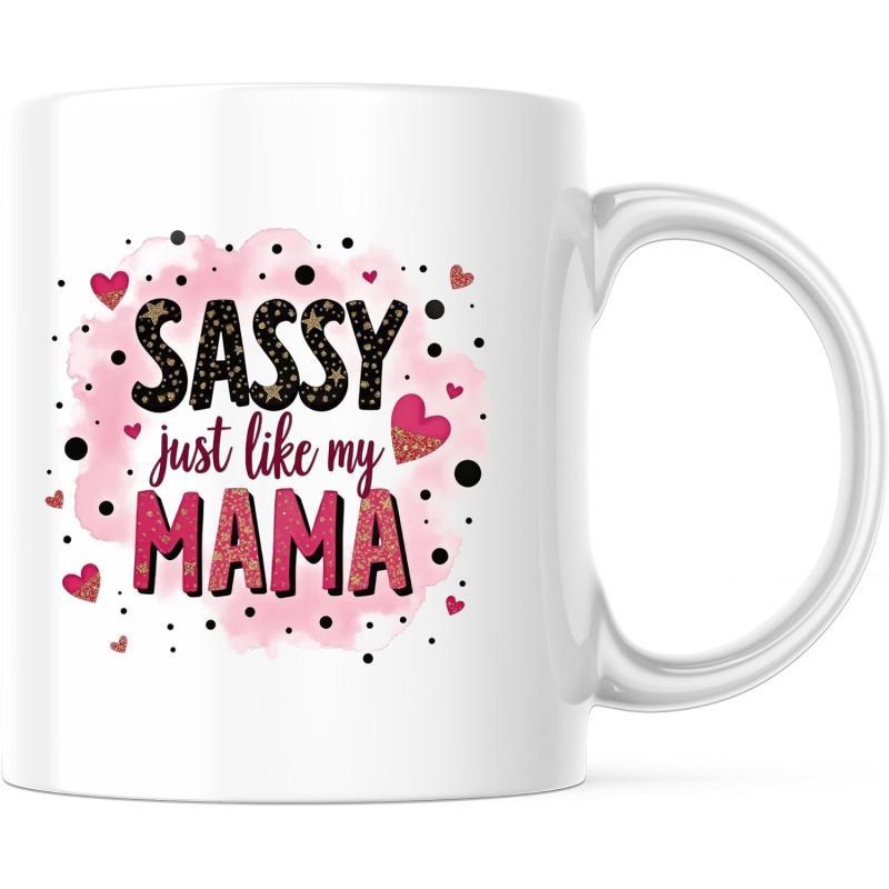 Tailorly White Ceramic 11 oz Mug - Sassy Just Like My Mama Sparkling Glitter Texture Surrounded By Pink Hearts Heart