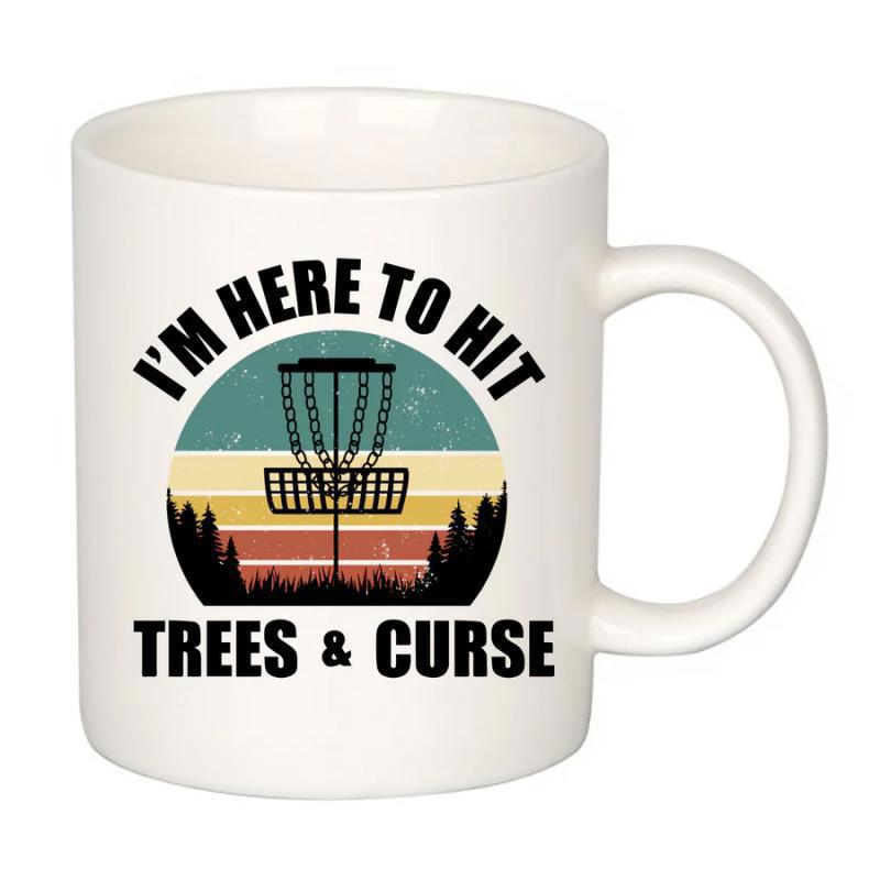 Tailorly White Ceramic 11 oz Mug - Im Here To Hit Trees Curse Retro Sunset Silhouette Of Pine Trees With Professional Sports Equipment Disc Golf Basket