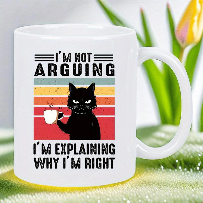 Tailorly White Ceramic 11 oz Mug - Im Not Arguing Im Explaining Why Im Right Grumpy Black Cat Holding Coffee Cup Before A Colorful Retro Sunset Cat