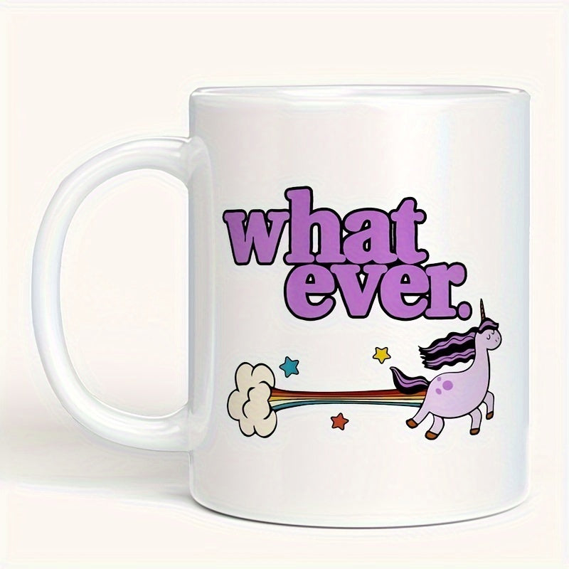Tailorly White Ceramic 11 oz Mug - Whatever Playful Purple Jumping With A Rainbow Trail And Colorful Stars Unicorn