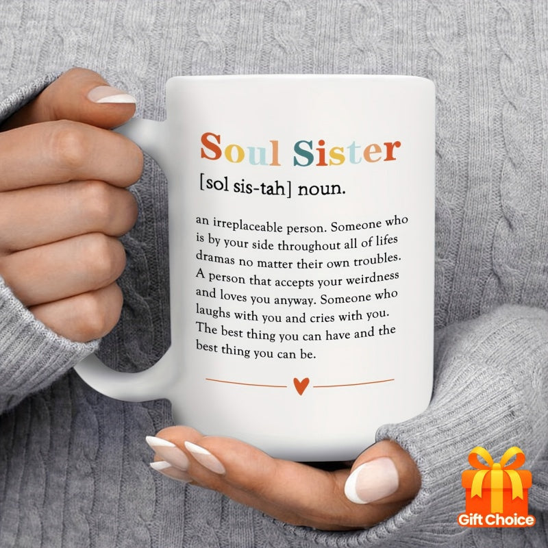 Tailorly White Ceramic 11 oz Mug - Soul Sister Minimalist Decorative Design With Heart Icon And Colorful Vintage Lettering Mug