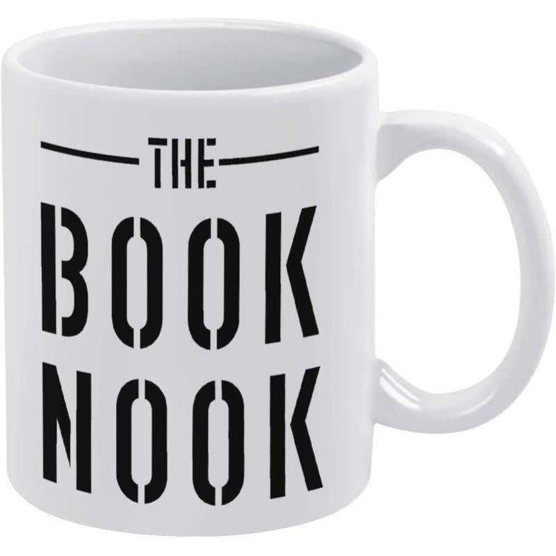 Tailorly White Ceramic 11 oz Mug - The Book Nook Minimalist Bold Stencil Typography On A Smooth