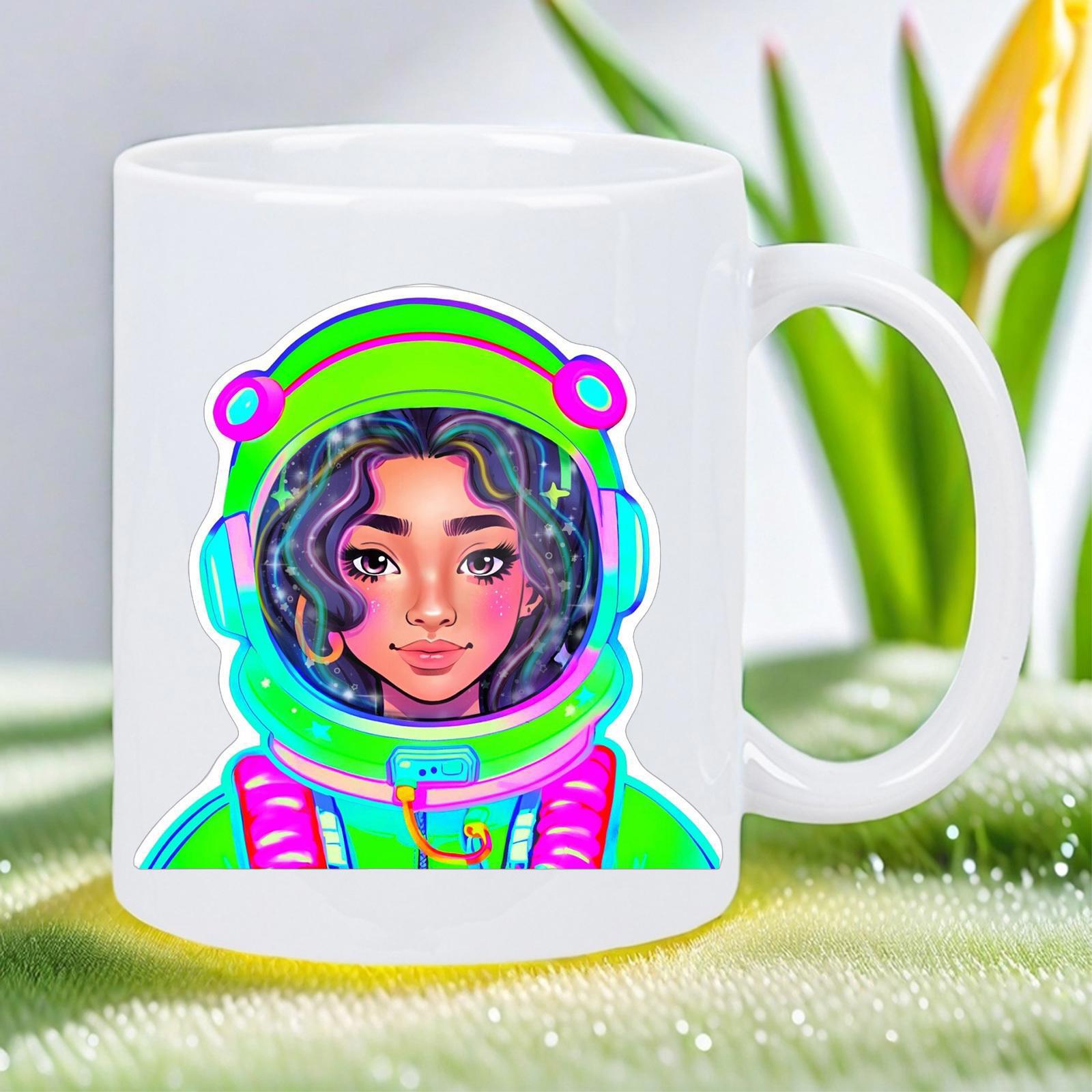 Tailorly White Ceramic 11 oz Mug - Colorful Neon Space Suit Surrounding A Girl With Dark Wavy Hair Astronaut