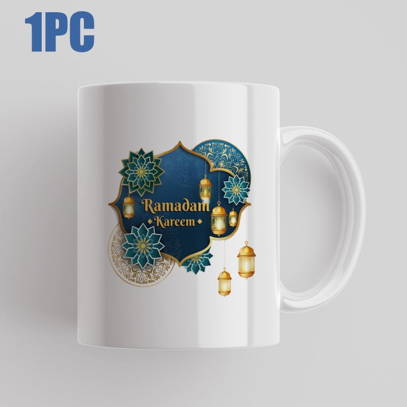 Tailorly White Ceramic 11 oz Mug - Ramadan Kareem Golden Hanging Lanterns With Blue Mandalas And Intricate Geometric Islamic Patterns Mug