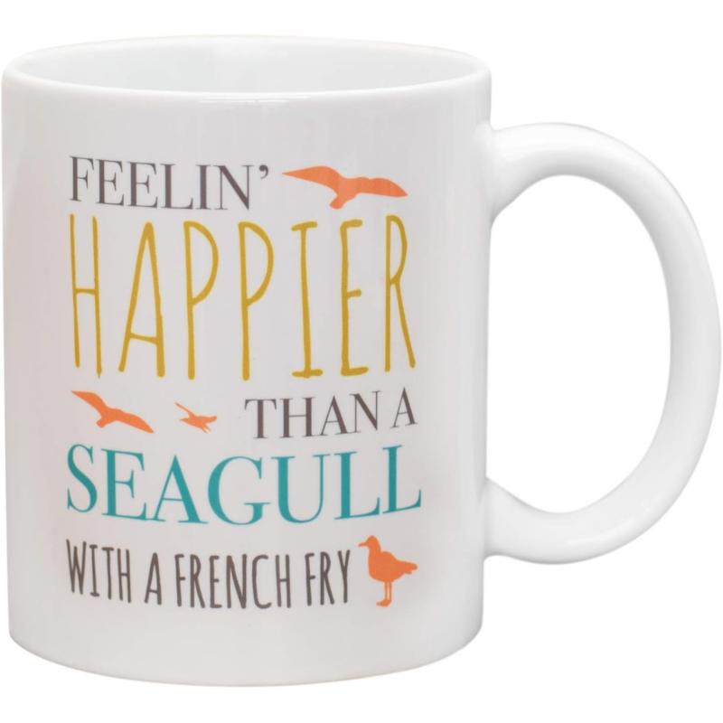 Tailorly White Ceramic 11 oz Mug - Feelin Happier Than A Seagull With A French Fry Vibrant Orange Silhouettes Of Flying Birds Soaring Through Clear Sunny Skies