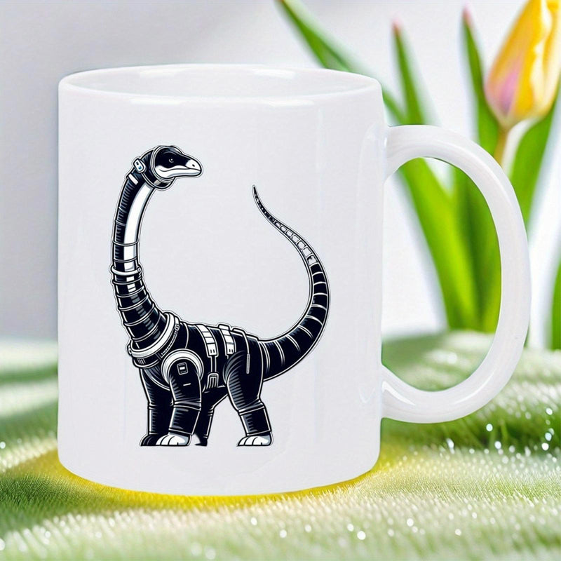 Tailorly White Ceramic 11 oz Mug - Mechanical Robot Long Neck Dinosaur With Tech Armor Plating Details Brachiosaurus
