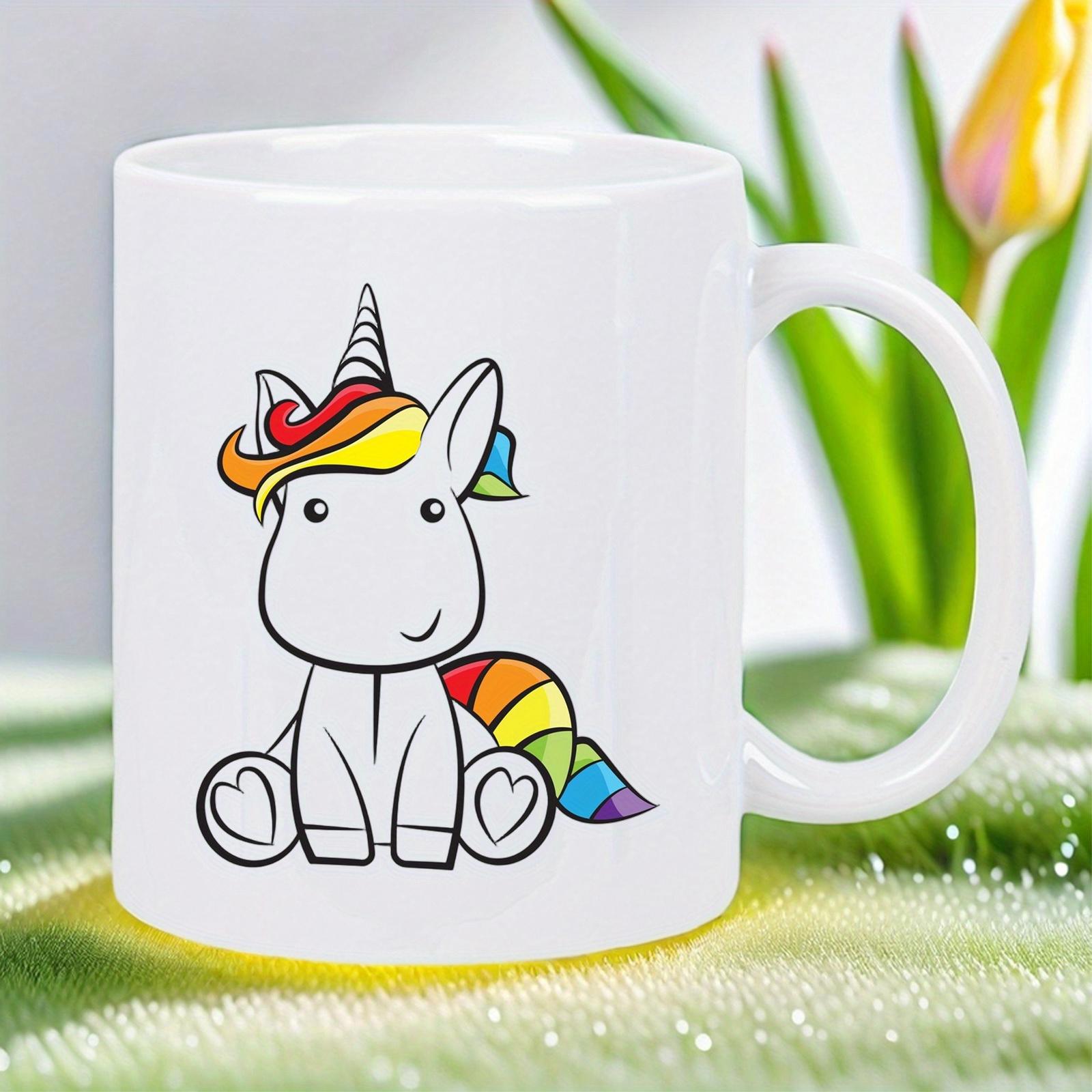 Tailorly White Ceramic 11 oz Mug - Adorable Sitting Cartoon Featuring Rainbow Mane And Colorful Tail Unicorn