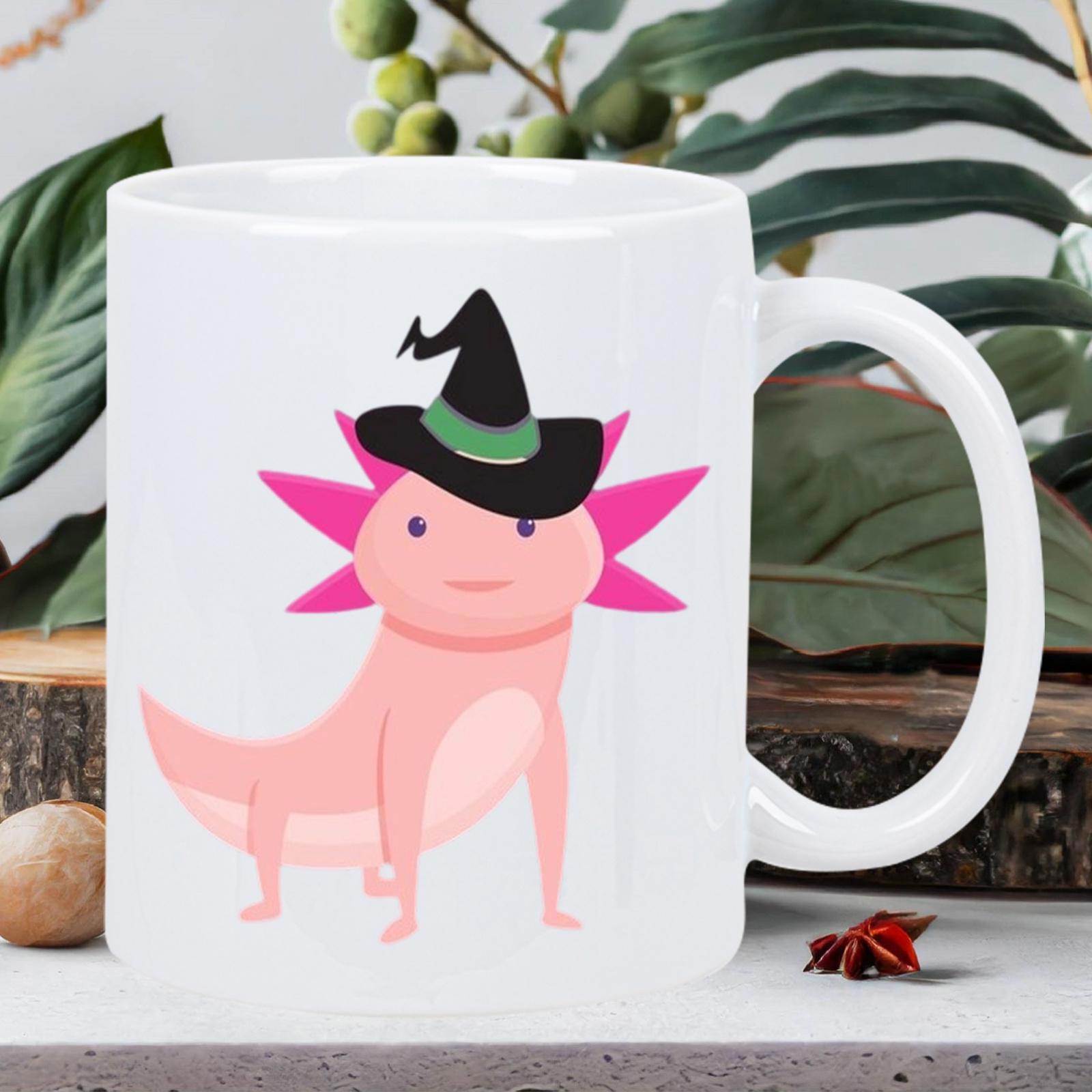 Tailorly White Ceramic 11 oz Mug - Cute Pink Axolotl Wearing A Witch Hat Standing Calmly On White Surface Axolotl