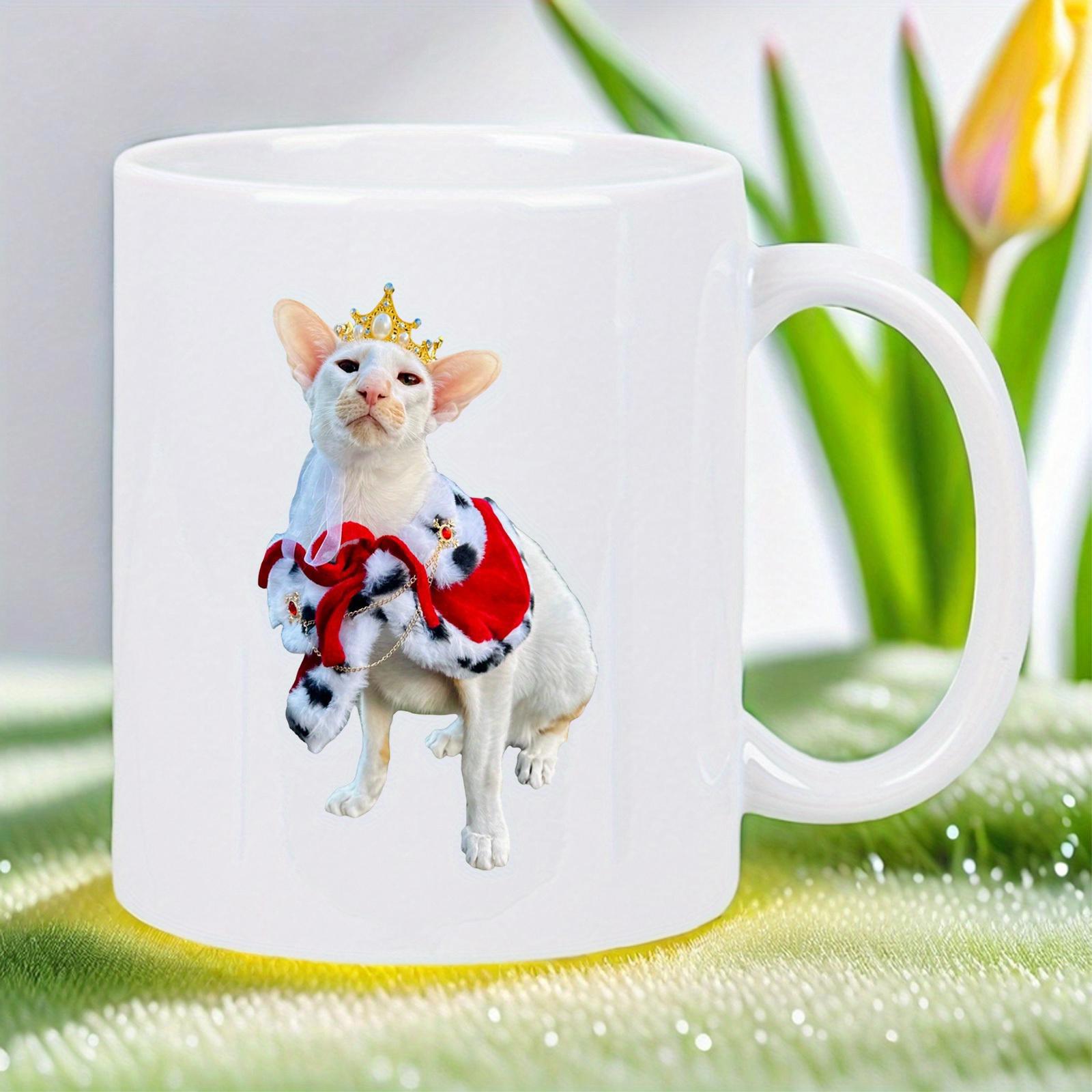 Tailorly White Ceramic 11 oz Mug - Graceful White Feline Wearing Miniature Crown And Red Royal Ermine Cape Cat