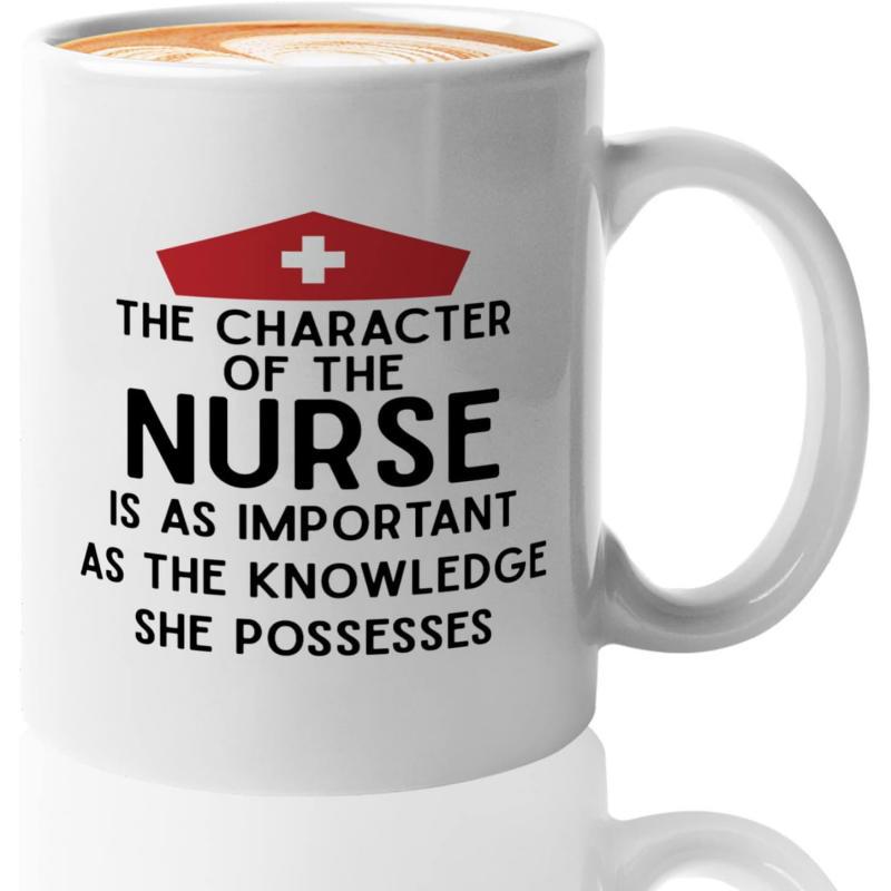 Tailorly White Ceramic 11 oz Mug - The Character Of The Nurse Is As Important As The Knowledge She Possesses Iconic Red Medical Cap With White Cross Symbolic For