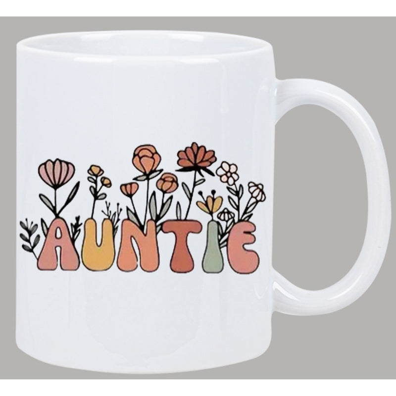 Tailorly White Ceramic 11 oz Mug - Auntie Earthy Tone Wildflowers Growing From Stylized Decorative Bubble Letter Vases Garden
