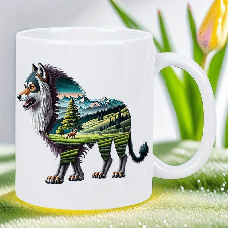 Tailorly White Ceramic 11 oz Mug - Majestic Wild Wolf Silhouette With Mountains And Evergreen Trees Landscape Wolf