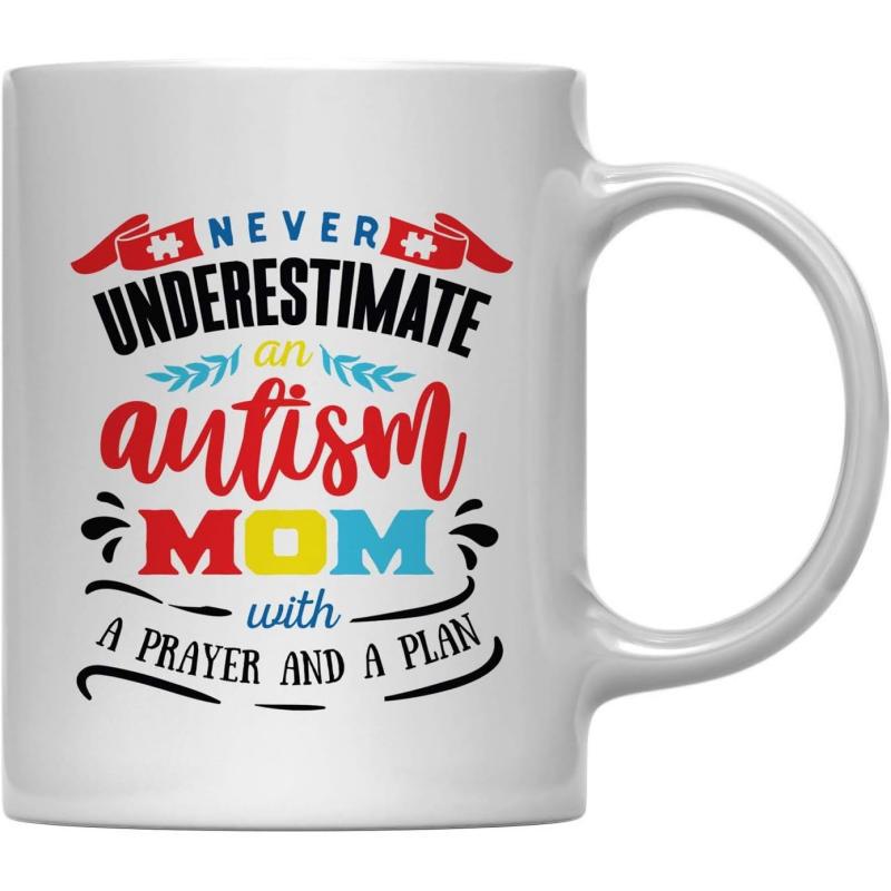 Tailorly White Ceramic 11 oz Mug - Never Underestimate An Autism Mom With A Prayer And A Plan Decorative Colorful Puzzle Ribbon Accents Surrounded By Artistic