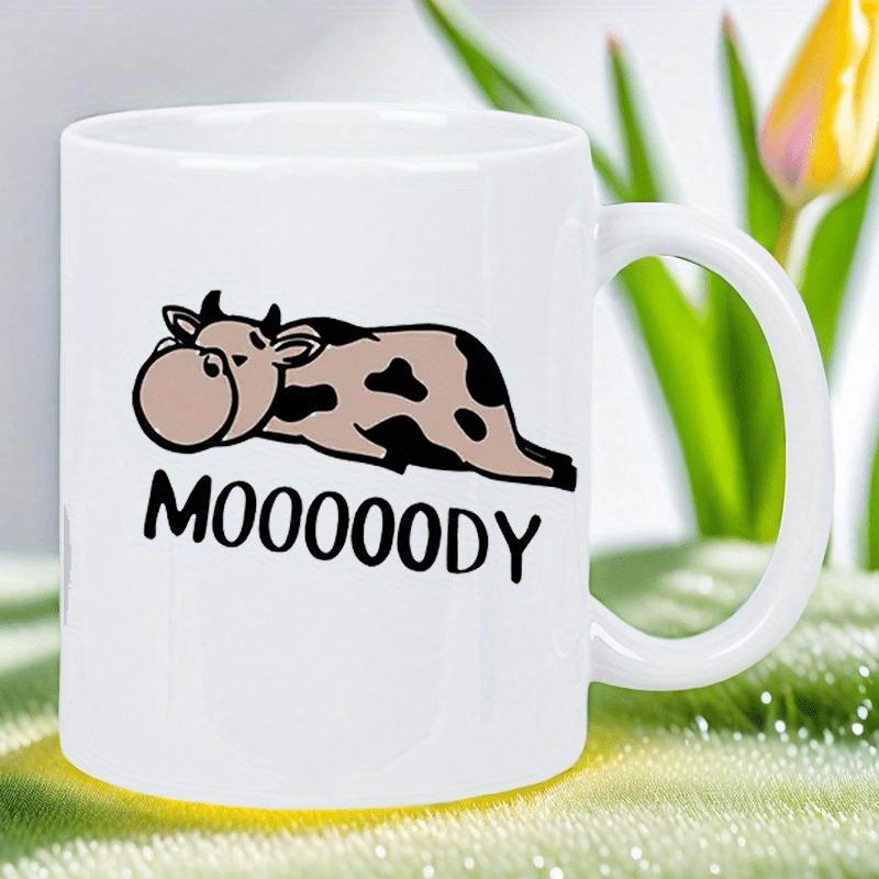 Tailorly White Ceramic 11 oz Mug - Moooody Lazy Cartoon Spotted Cow Lying Down With Tired And Sleepy Expression Cow