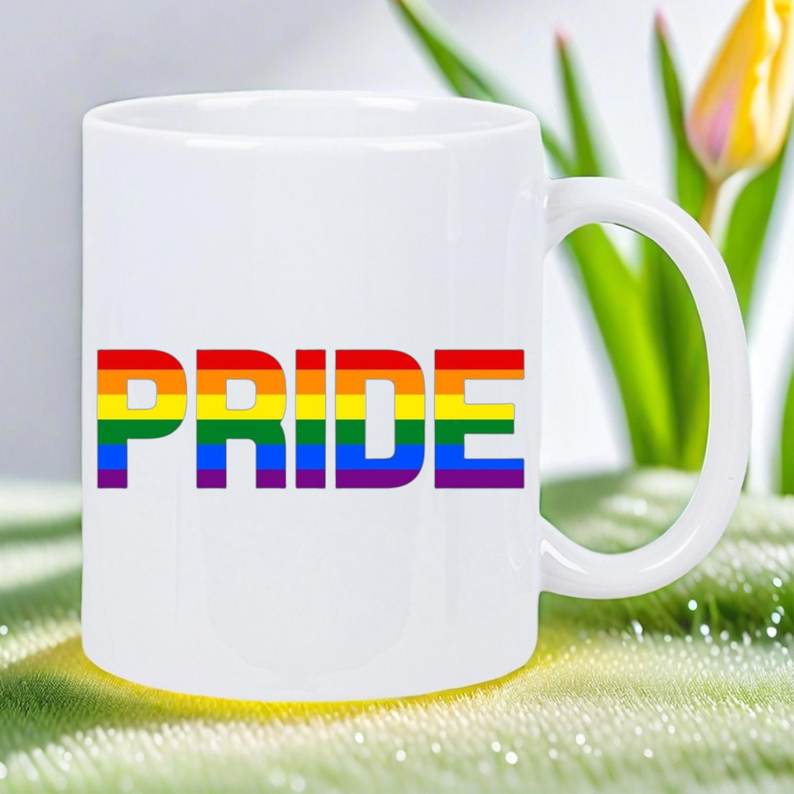 Tailorly White Ceramic 11 oz Mug - Pride Colorful Rainbow Stripes Infilling Bold Block Letters Mug