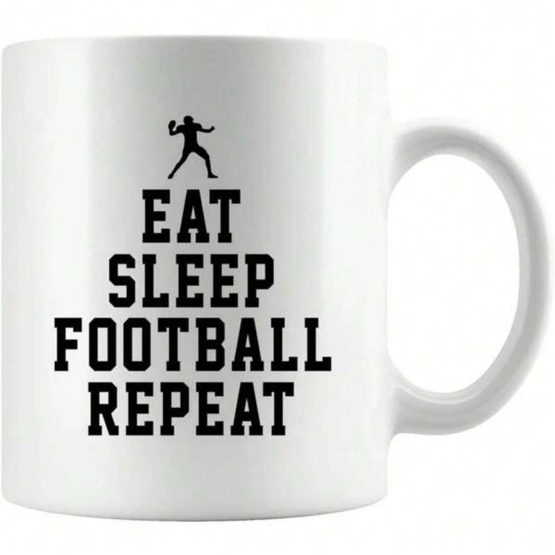 Tailorly White Ceramic 11 oz Mug - Eat Sleep Football Repeat Dynamic Athletic Silhouette Throwing A Ball In A Classic Sports Stance Football