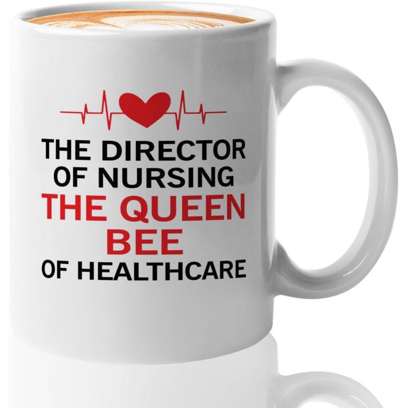 Tailorly White Ceramic 11 oz Mug - The Director Of Nursing The Queen Bee Of Healthcare Minimalist Heartbeat Line With Red Heart Symbol Centered Above Text Mug
