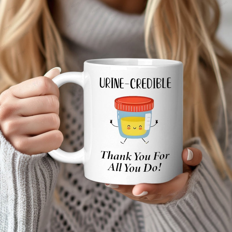 Tailorly White Ceramic 11 oz Mug - Urine Credible Thank You For All You Do Smiling Medical Sample Jar With Red Lid And Cute Face Specimen Cup