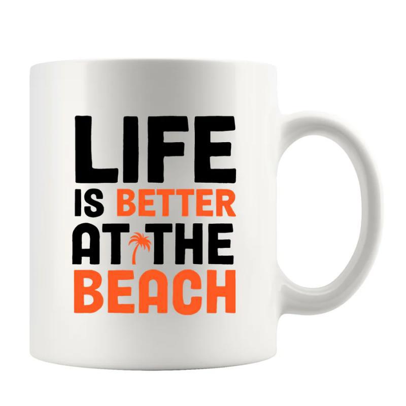 Tailorly White Ceramic 11 oz Mug - Life Is Better At The Beach Minimalist Tropical Palm Tree Silhouette With Bold Summer Lifestyle Typography Slogan Beach Art