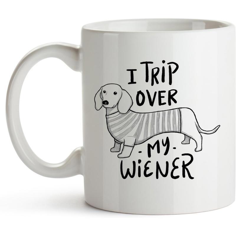 Tailorly White Ceramic 11 oz Mug - I Trip Over My Wiener Adorable Cartoon Dog Wearing Striped Sweater On Plain Background Dachshund