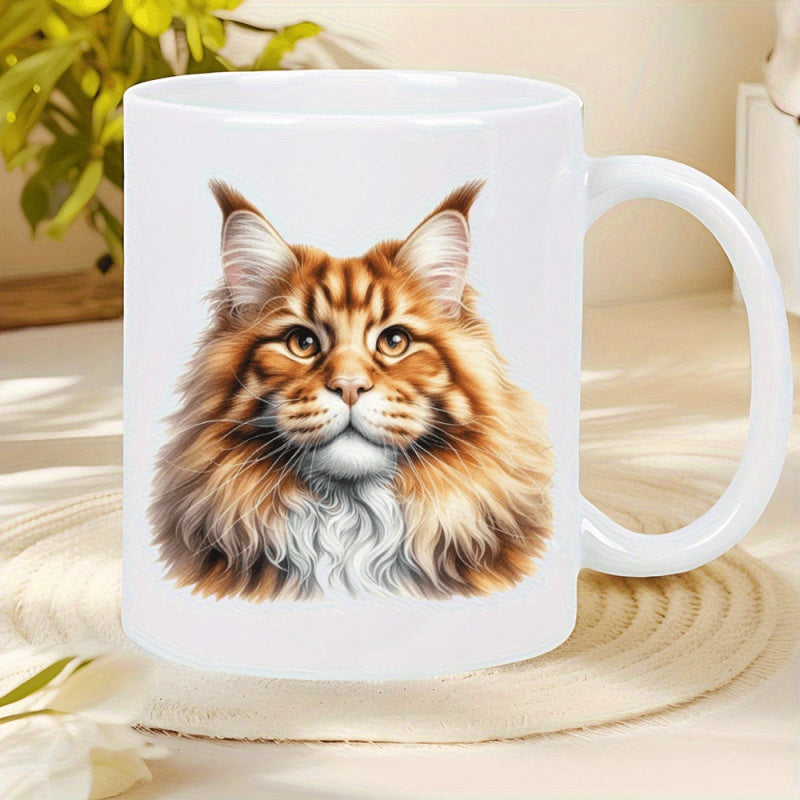 Tailorly White Ceramic 11 oz Mug - Fluffy Ginger Maine Coon With Majestic Fur And Intense Expressive Eyes Cat