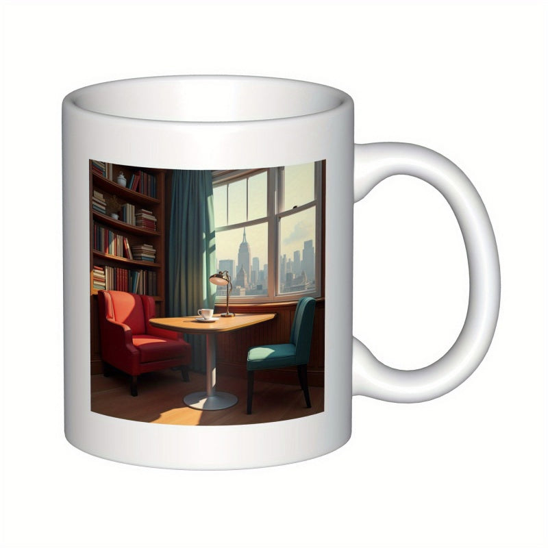 Tailorly White Ceramic 11 oz Mug - Quiet Reading Room With Bookshelf And Sunlight Filtering Through Window Study
