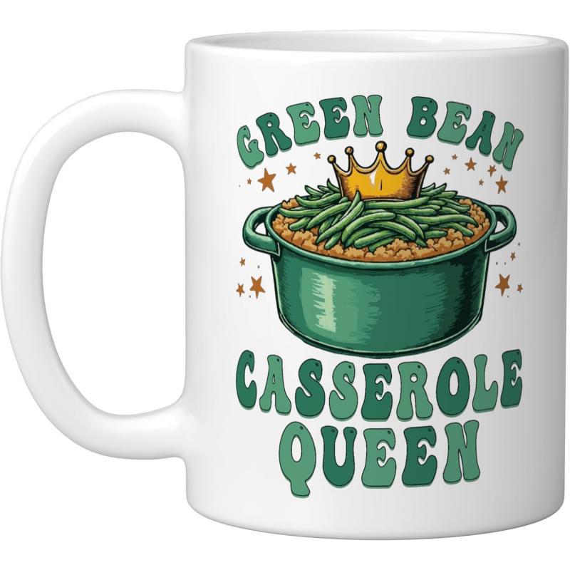Tailorly White Ceramic 11 oz Mug - Green Bean Casserole Queen Green Pot Filled With Fresh Beans Wearing A Golden Regal Crown Casserole