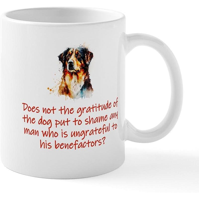 Tailorly White Ceramic 11 oz Mug - Does Not The Gratitude Of The Dog Put To Shame Any Man Who Is Ungrateful To His Benefactors Hand Painted Watercolor Style