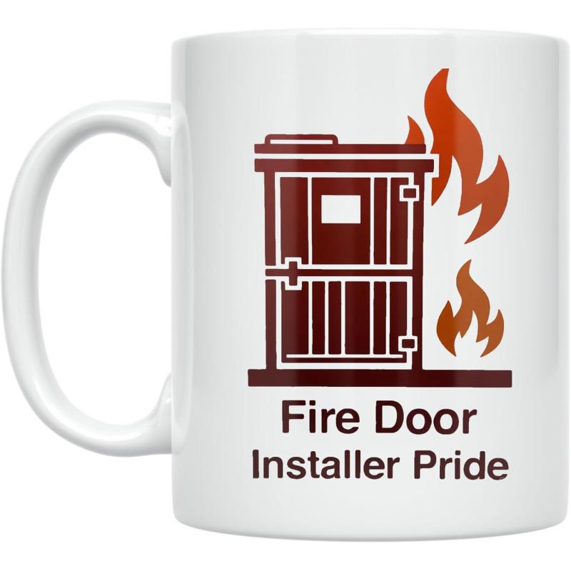 Tailorly White Ceramic 11 oz Mug - Fire Door Installer Pride Stylized Industrial Safety Entrance With Burning Orange Flames Representing Professional Door