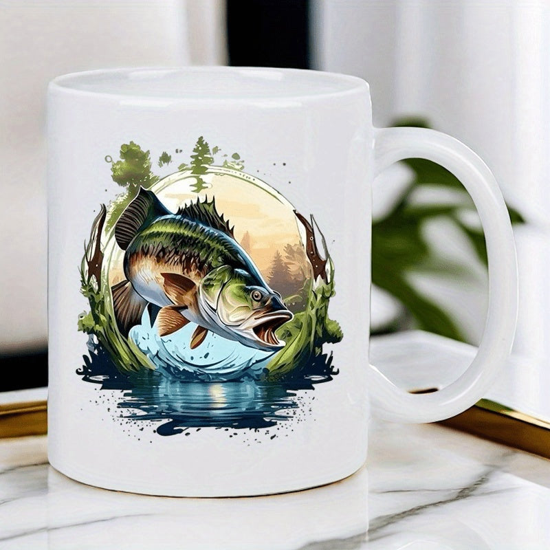 Tailorly White Ceramic 11 oz Mug - Majestic Large Mouth Fish Jumping From Rippling Water Against Forest Sunset Bass